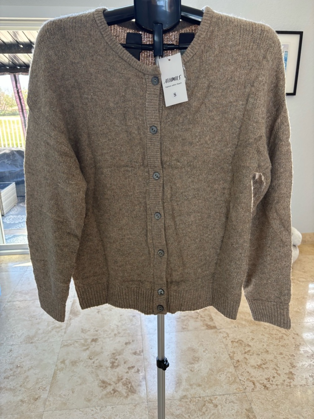 Classic Crewneck Button Cardigan - Olive Brown - Picture 5 of 6